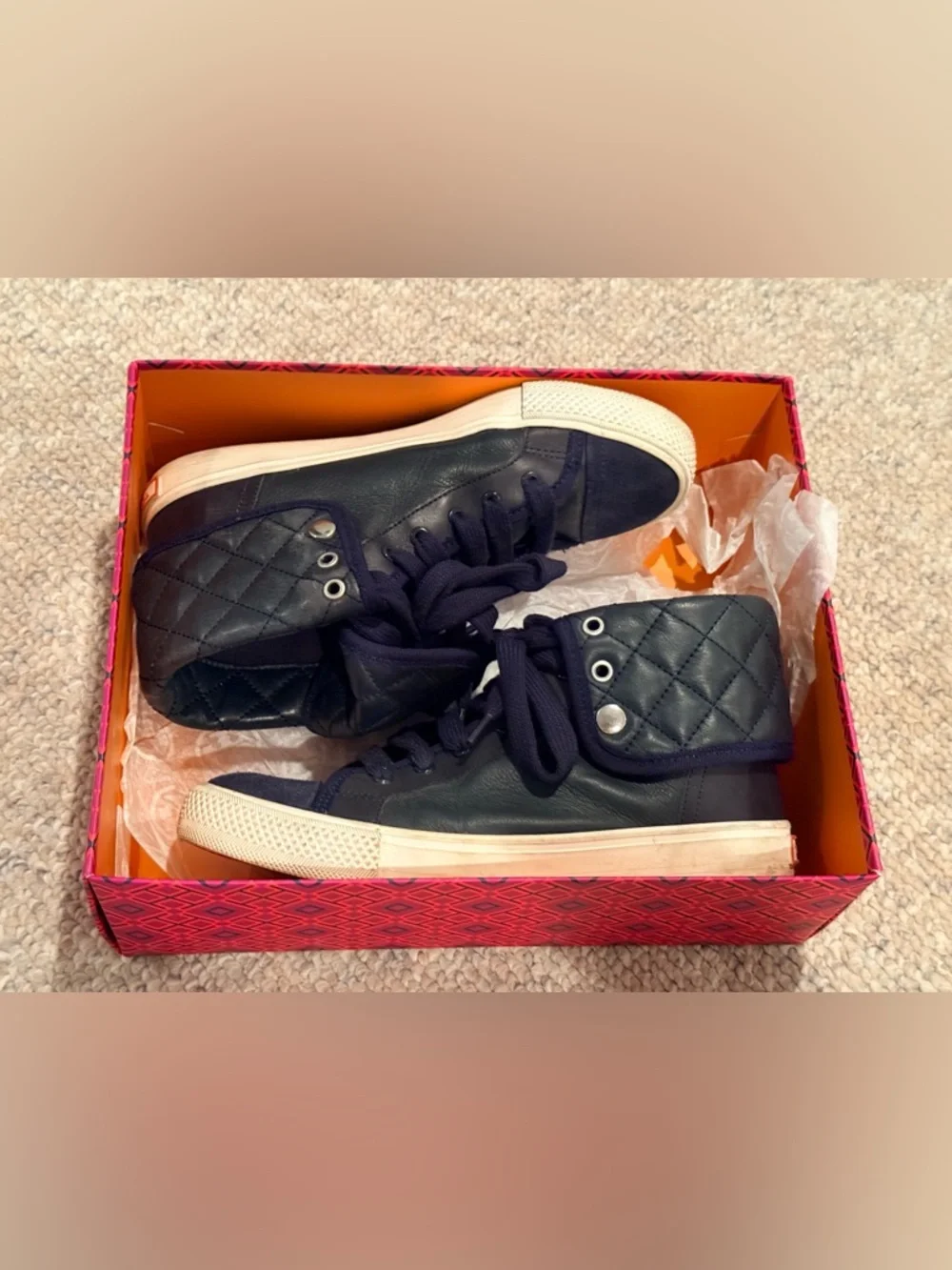 Tory Burch Quilted Navy High-Top Leather Sneakers